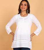 Ethnic motifs embroidered chikankari pure cotton short white kurti