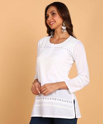 Ethnic motifs embroidered chikankari cotton short white kurti 2