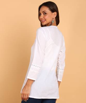 Ethnic motifs embroidered chikankari cotton short white kurti 4