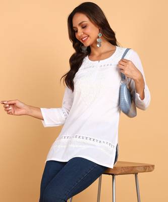 Ethnic motifs embroidered chikankari cotton short white kurti 5