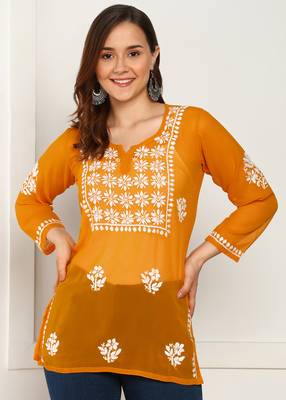 Women floral embroidered georgette orange kurti 1