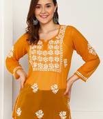 Women floral chikan embroidered georgette orange kurti