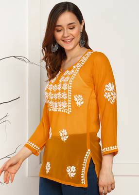 Women floral embroidered georgette orange kurti 2