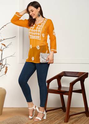 Women floral embroidered georgette orange kurti 3