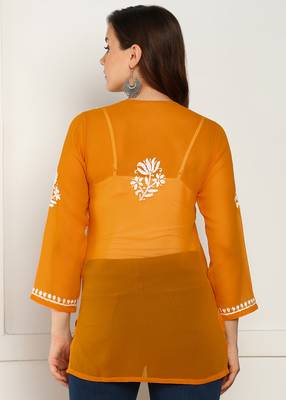 Women floral embroidered georgette orange kurti 4