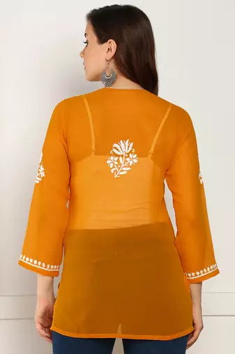 Women floral embroidered georgette orange kurti