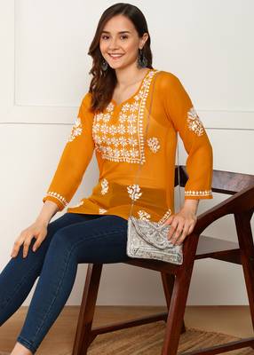 Women floral embroidered georgette orange kurti 5