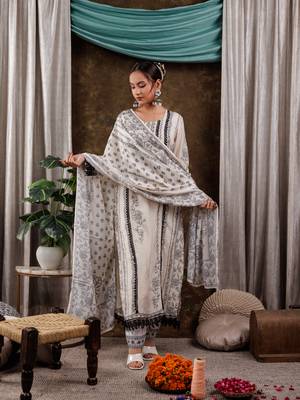  white hand embroidery silk straight kurta and trouser with dupatta set 1