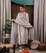  white hand embroidery silk straight kurta and trouser with dupatta set