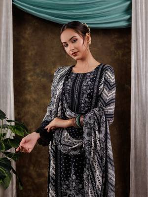  black hand embroidery silk straight kurta and trouser with dupatta set 4