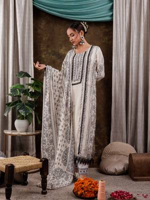  white hand embroidery silk straight kurta and trouser with dupatta set 2