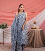  grey ethnic motifs cotton a-line kurta trouser & dupatta set