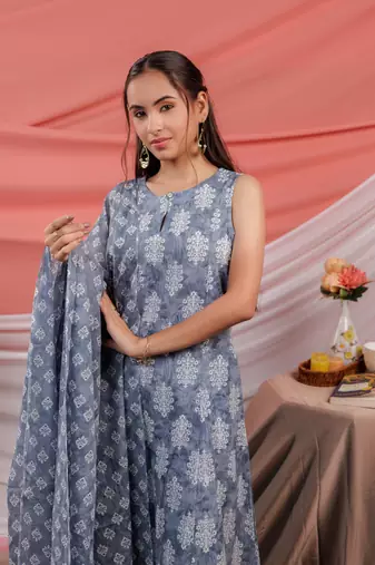  grey ethnic motifs cotton a-line kurta trouser & dupatta set