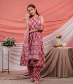  pink ethnic motifs cotton a-line kurta trouser & dupatta set