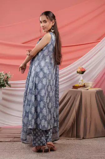  grey ethnic motifs cotton a-line kurta trouser & dupatta set