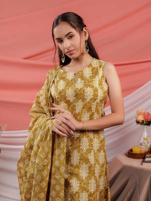  mustard ethnic motifs cotton a-line kurta trouser & dupatta set 1