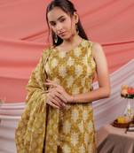  mustard ethnic motifs cotton a-line kurta trouser & dupatta set