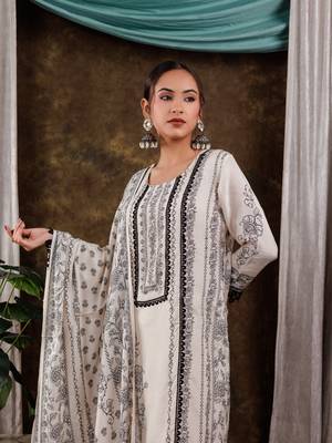  white hand embroidery silk straight kurta and trouser with dupatta set 4