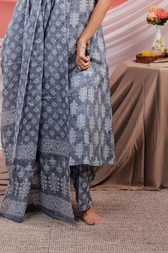  grey ethnic motifs cotton a-line kurta trouser & dupatta set