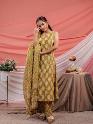  mustard ethnic motifs cotton a-line kurta trouser & dupatta set 2