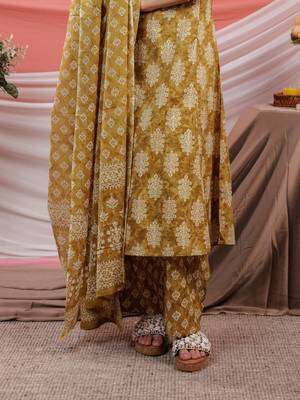  mustard ethnic motifs cotton a-line kurta trouser & dupatta set 5