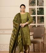  cotton green kantha work plus size kurta dupatta pant set
