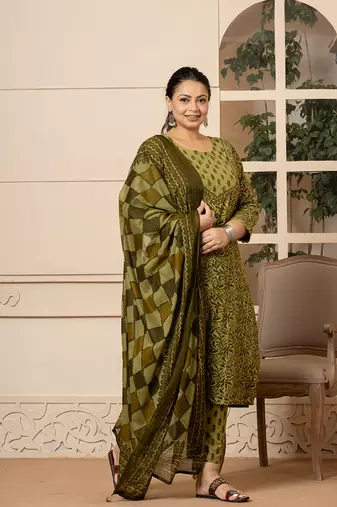  cotton green kantha work plus size kurta dupatta pant set