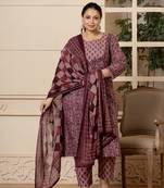  cotton purple kantha work plus size kurta dupatta pant set