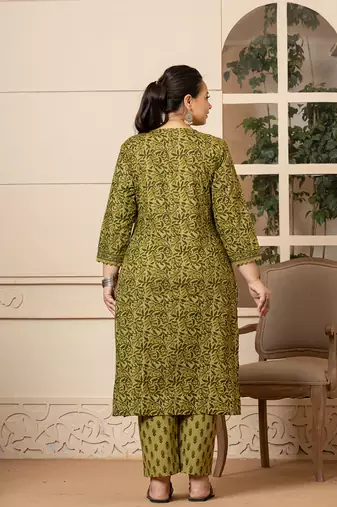  cotton green kantha work plus size kurta dupatta pant set