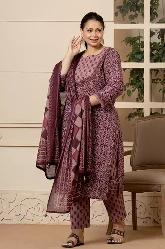  cotton purple kantha work plus size kurta dupatta pant set