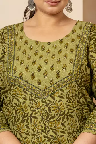  cotton green kantha work plus size kurta dupatta pant set