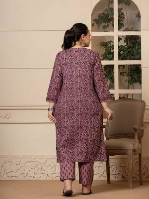  cotton purple kantha work plus size kurta dupatta pant set 3