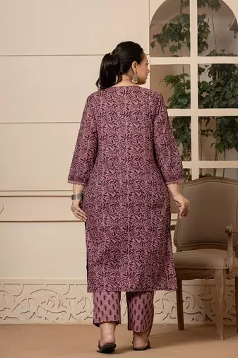  cotton purple kantha work plus size kurta dupatta pant set