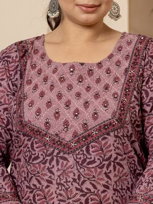  cotton purple kantha work plus size kurta dupatta pant set 4