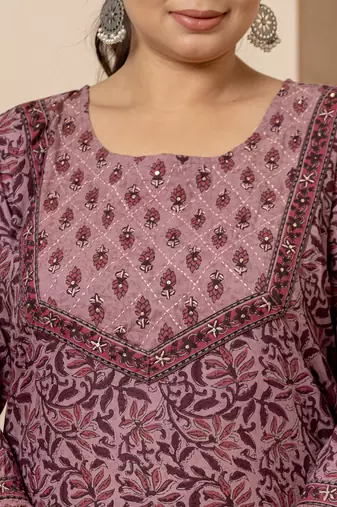  cotton purple kantha work plus size kurta dupatta pant set