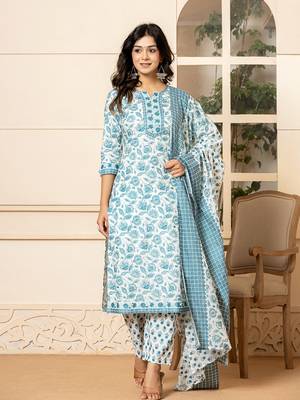 Yufta white floral print,beads cotton kurta dupatta set 1