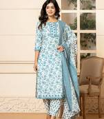 Yufta white floral print,beads cotton kurta dupatta set