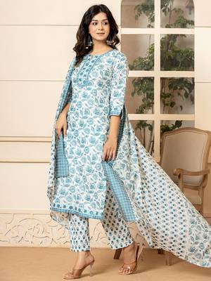 Yufta white floral print,beads cotton kurta dupatta set 2