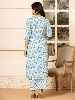 Yufta white floral print,beads cotton kurta dupatta set 3