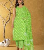  green bandhani cotton straight kurta trouser & dupatta set