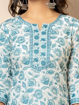 Yufta white floral print,beads cotton kurta dupatta set 4