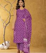 purple bandhani cotton straight kurta trouser & dupatta set