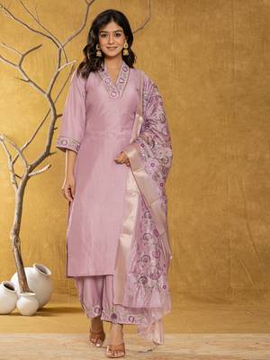  purple silk blend pakistani style kurta dupatta set 1