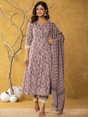  purple lace-work cotton anarkali kurta & trouser dupatta set 1