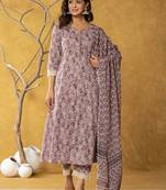 purple lace-work cotton anarkali kurta & trouser dupatta set