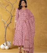  pink lace-work cotton anarkali kurta & trouser dupatta set