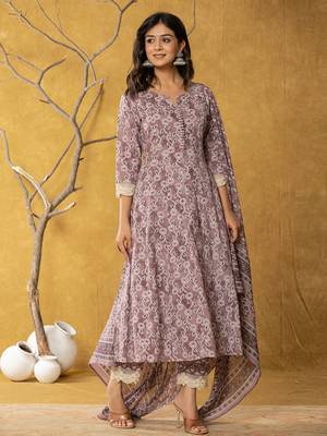  purple lace-work cotton anarkali kurta & trouser dupatta set 2