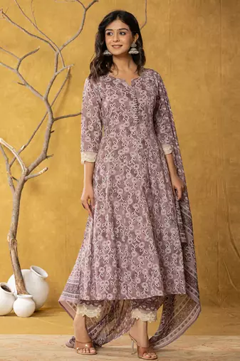  purple lace-work cotton anarkali kurta & trouser dupatta set