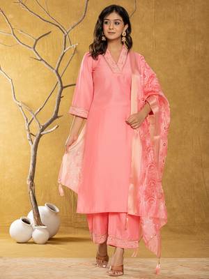  pink silk blend pakistani style kurta dupatta set 1