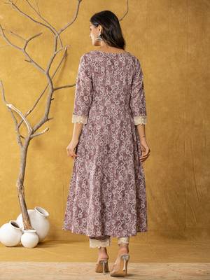  purple lace-work cotton anarkali kurta & trouser dupatta set 3